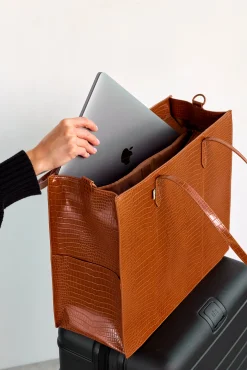 The Large Work Tote In Cognac Croc